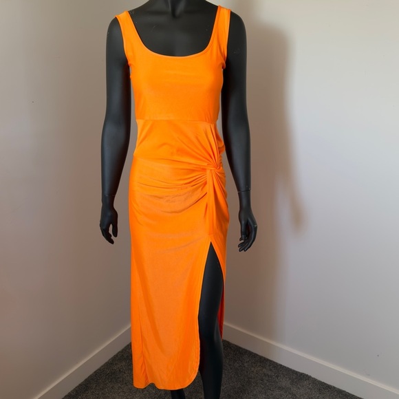 Micas Bright Orange Ruched Cutout Midi Dress – Size S – NWT - Picture 4 of 5